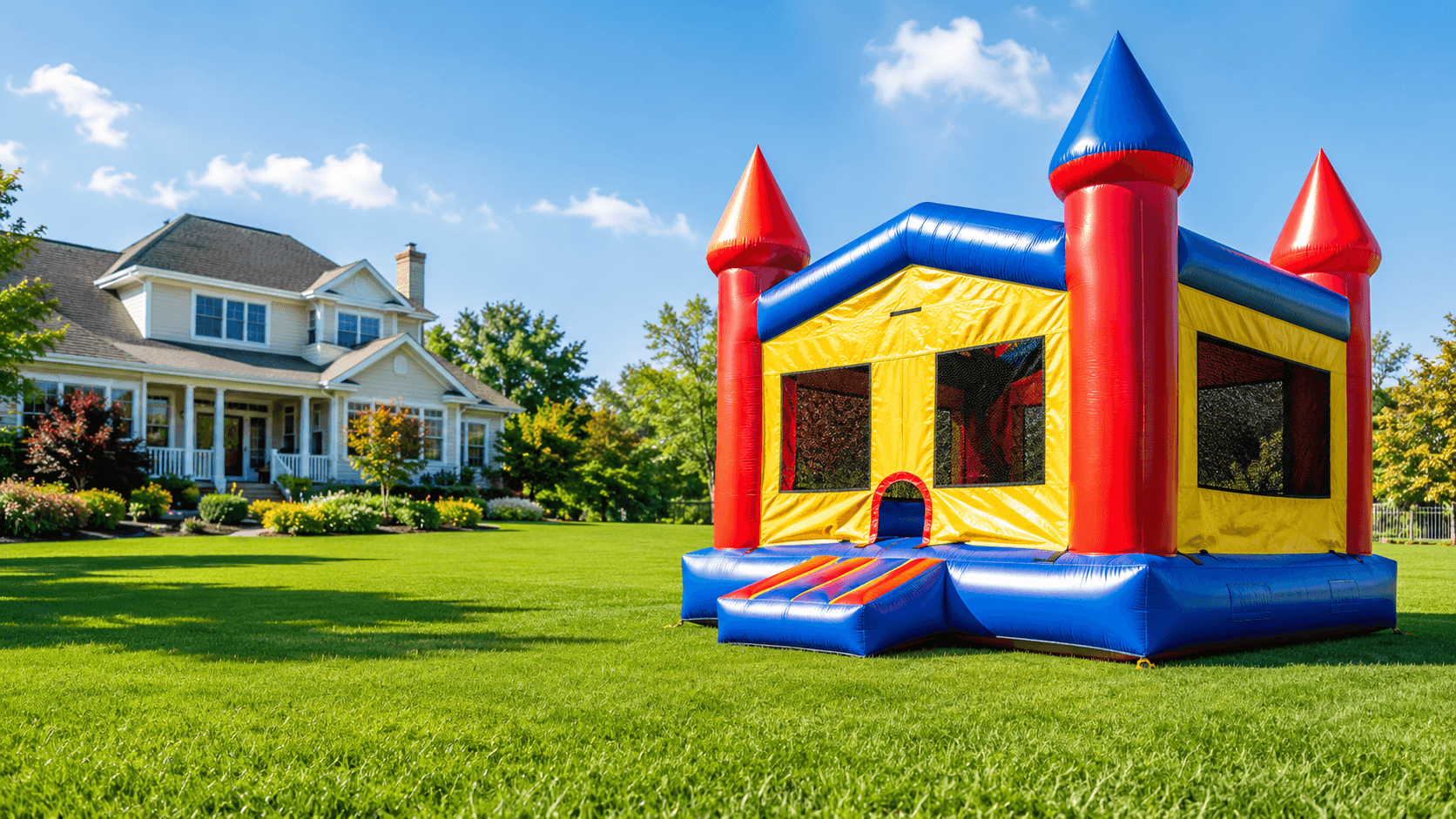 Commercial castle bounce house set up for a backyard party rental