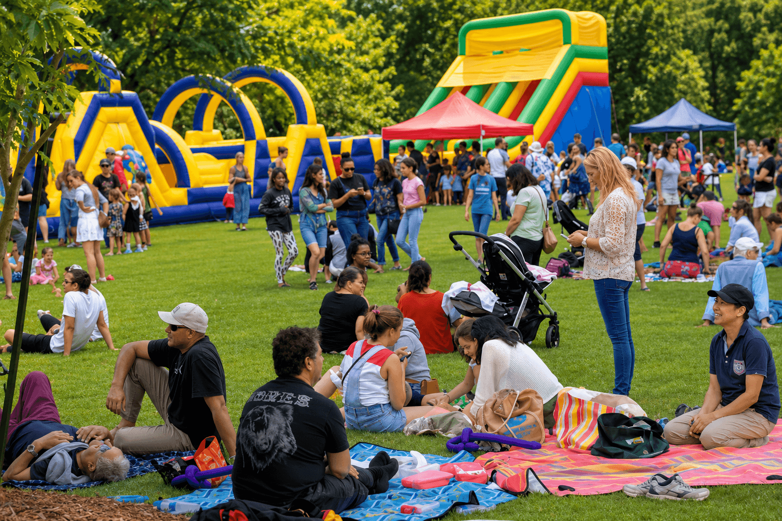 Community festival with multiple inflatable rentals delivered to one venue