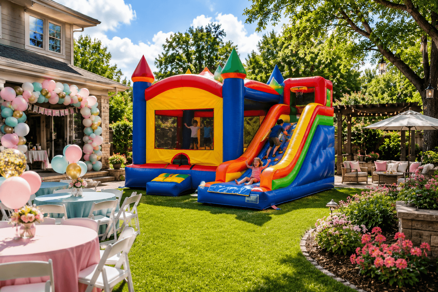 Bright rainbow inflatable combo at a backyard party - the kind of photo that sells on a rental website