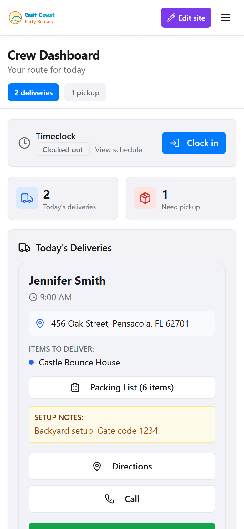 Crew mobile view - today's jobs with delivery confirmation