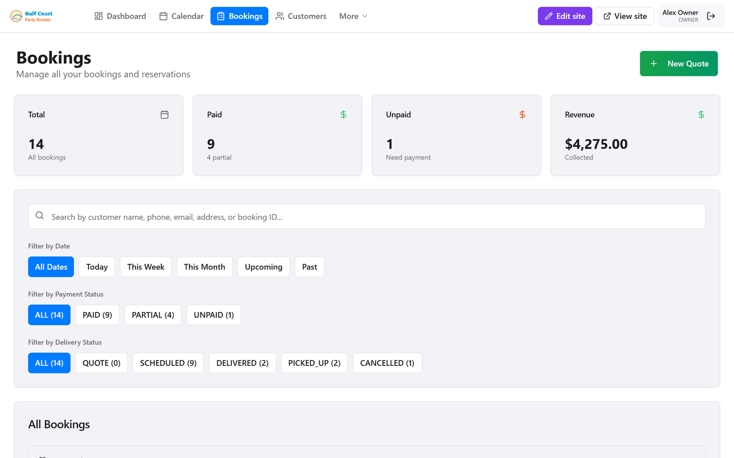 InflataHQ bookings dashboard - paid, unpaid, and revenue at a glance