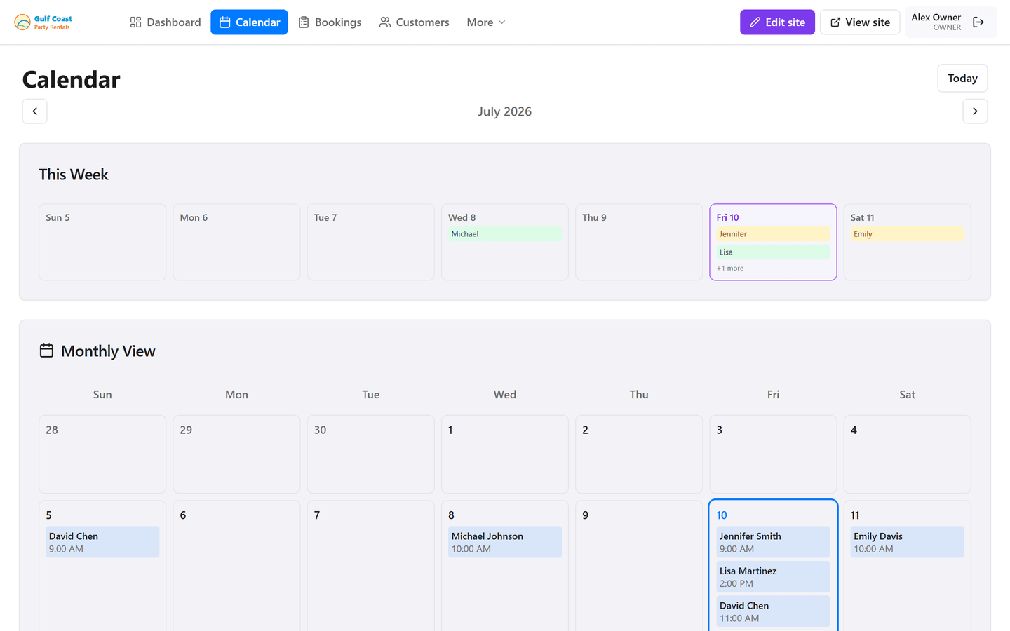 Weekly calendar with color-coded reservations