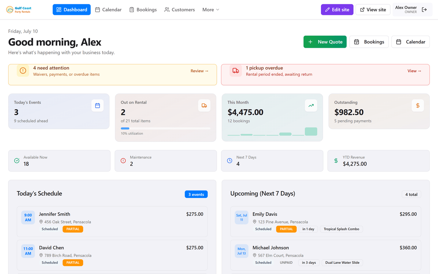 Owner dashboard
