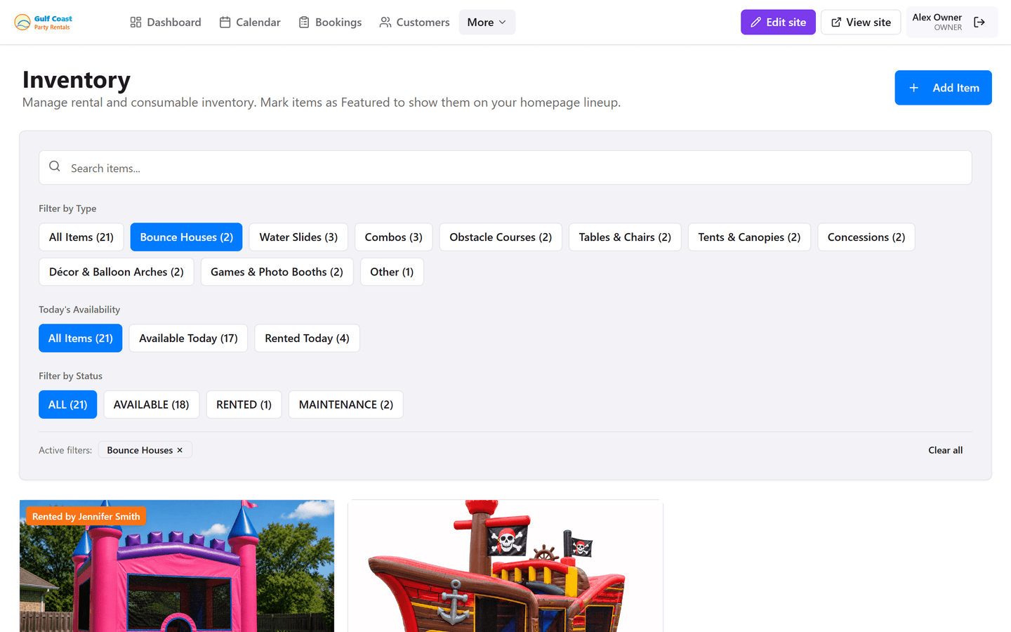 Bounce house inventory with product photos