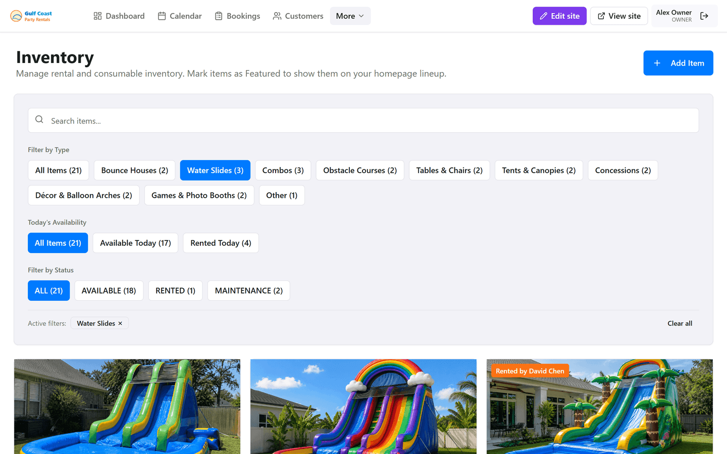 Water slide inventory with product photos