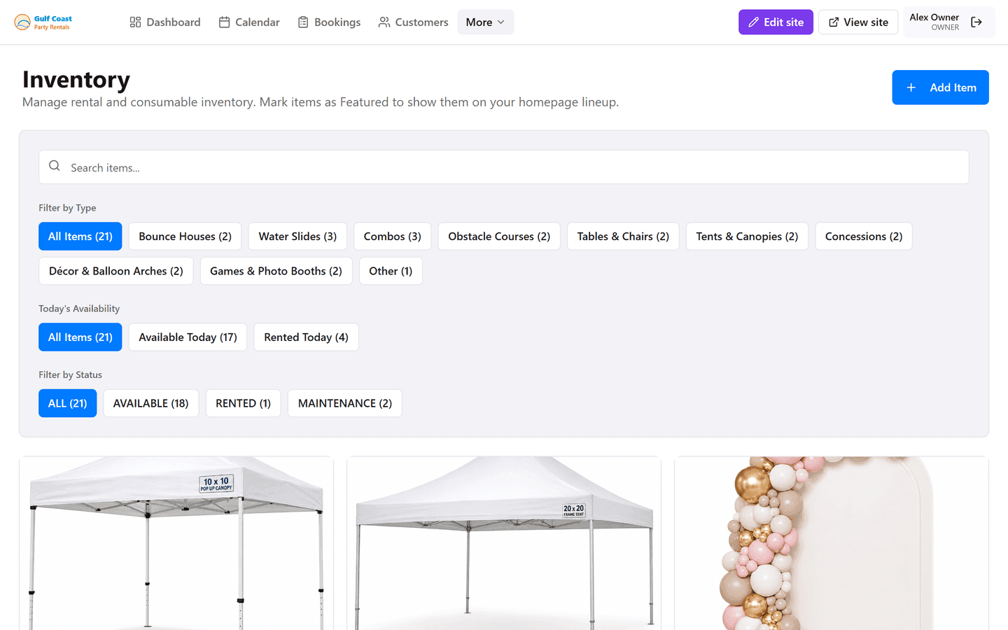 Inventory grid with tents, balloon décor, and party rental items